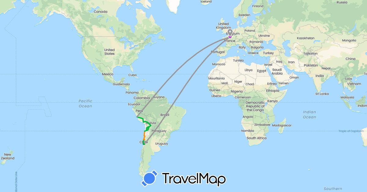 TravelMap itinerary: driving, bus, plane, train, hitchhiking in Bolivia, Chile, France, Peru (Europe, South America)